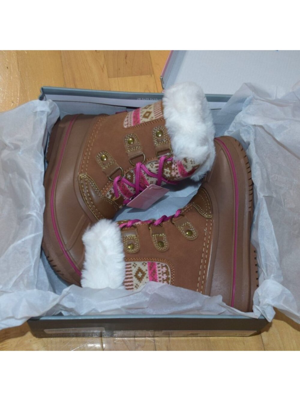 NEW London Fog Girl's Sz 1 Tottenham Brown Tan & Pink Water Resistant Snow Boots